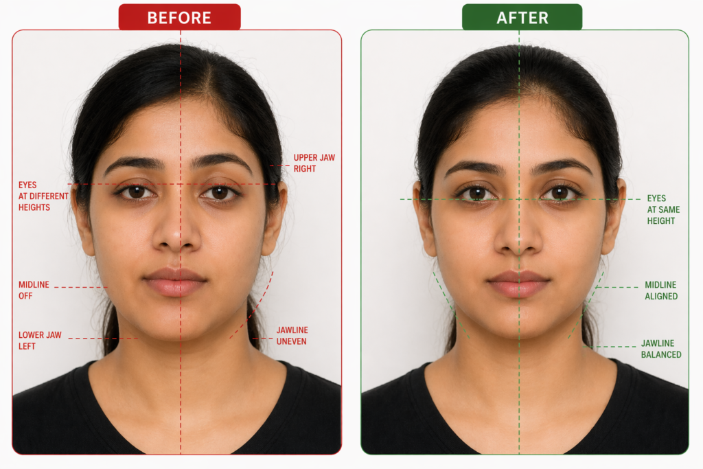 asymmetrical face before dental assessment versus improved facial balance after orthodontic treatment 