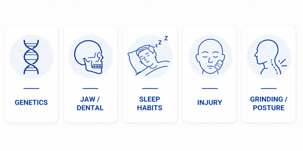 Infographic showing 5 causes of facial asymmetry: genetics, jaw misalignment, sleep habits, injury, and teeth grinding