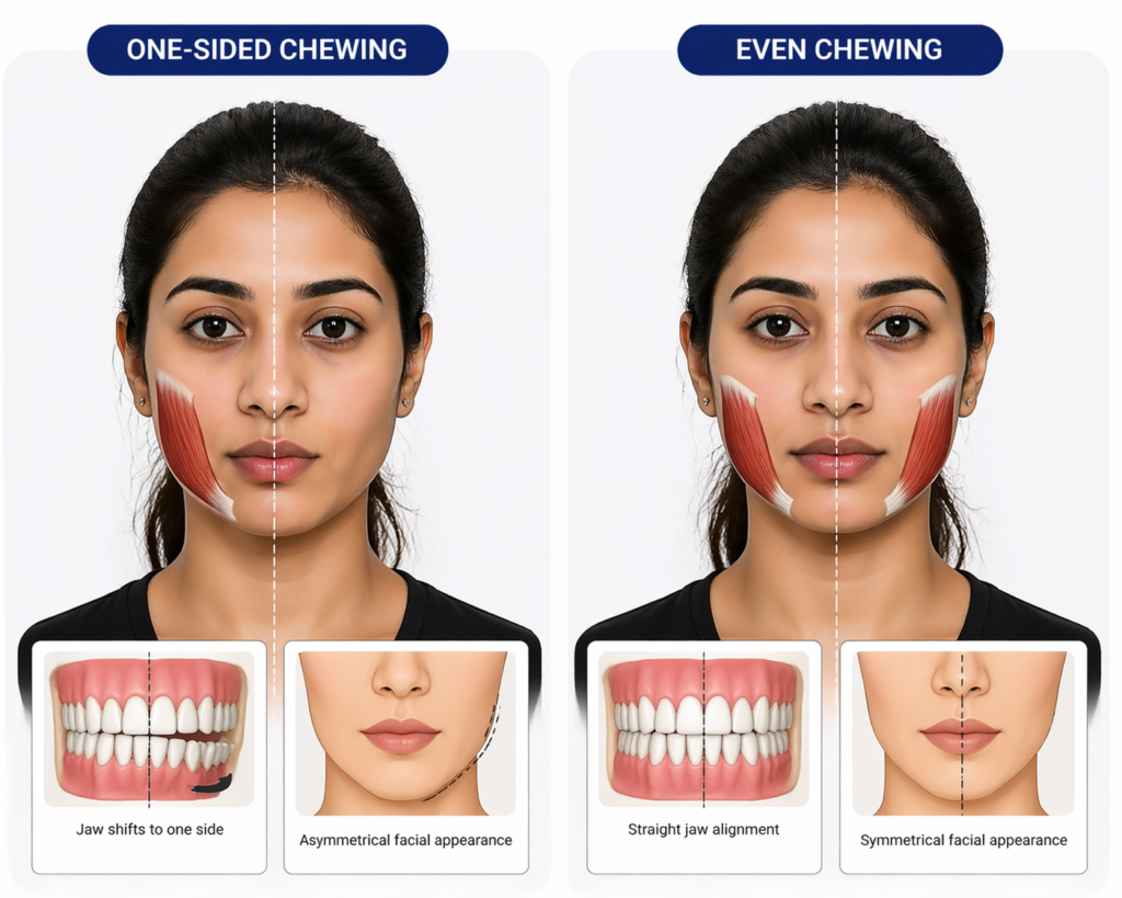 Diagram showing how chewing on one side enlarges the masseter muscle causing facial asymmetry vs even chewing for balanced jaw muscles