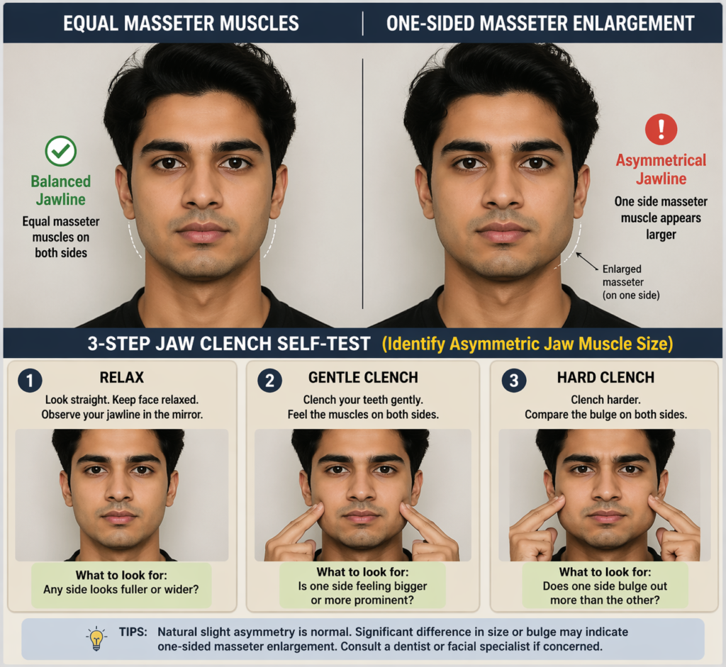 Diagram comparing equal masseter muscles vs one-sided masseter enlargement with the 3-step jaw clench self-test to identify asymmetric jaw muscle size
