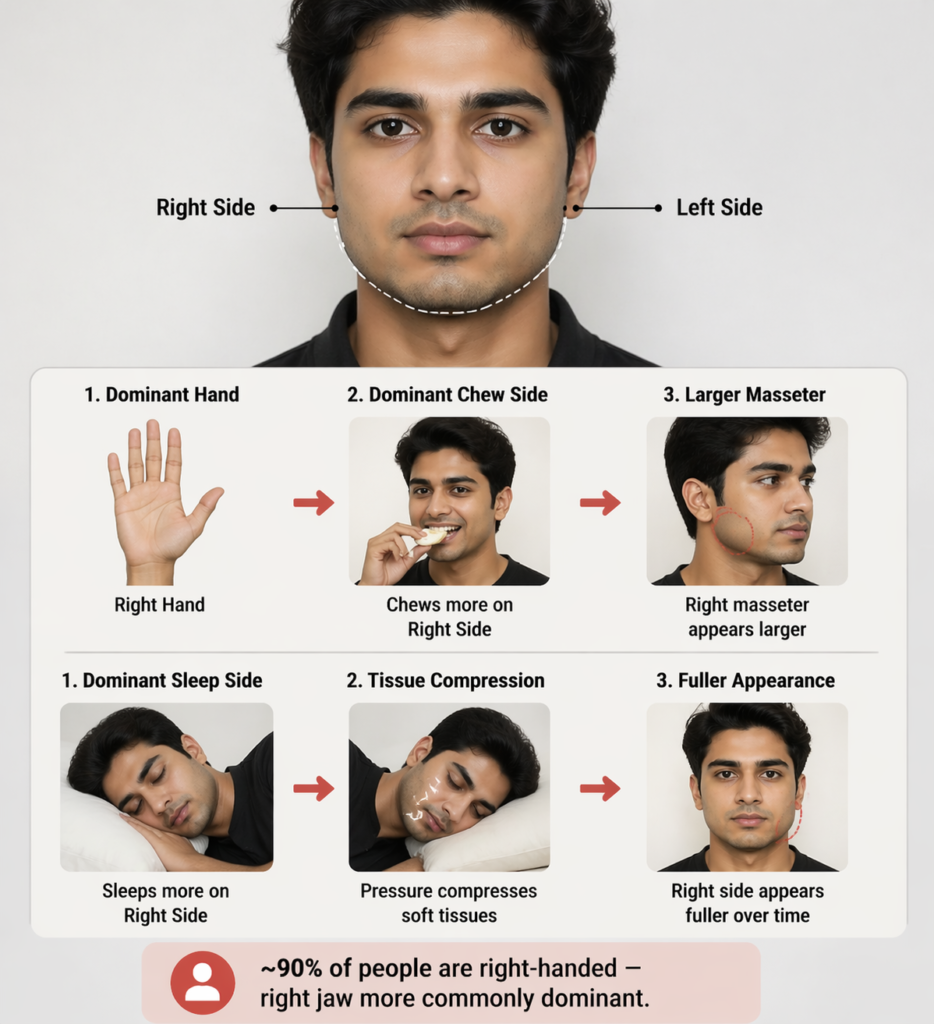Image showing why the right side of the face is more often bigger — right-hand dominance leads to right-side chewing dominance and larger right masseter muscle