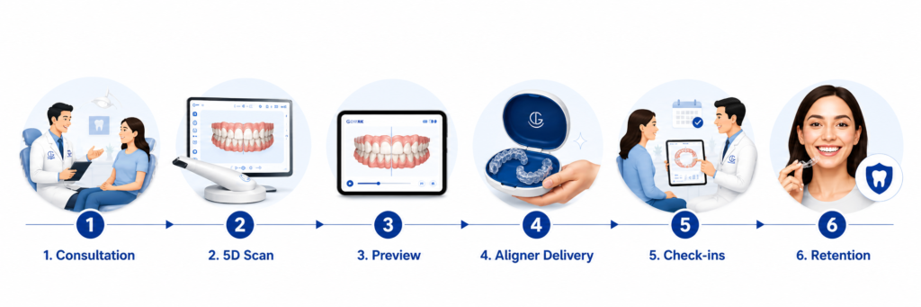 Illustrated timeline showing the 6-step teeth aligner treatment journey at Dr. Gowds Dental Hospitals Hyderabad