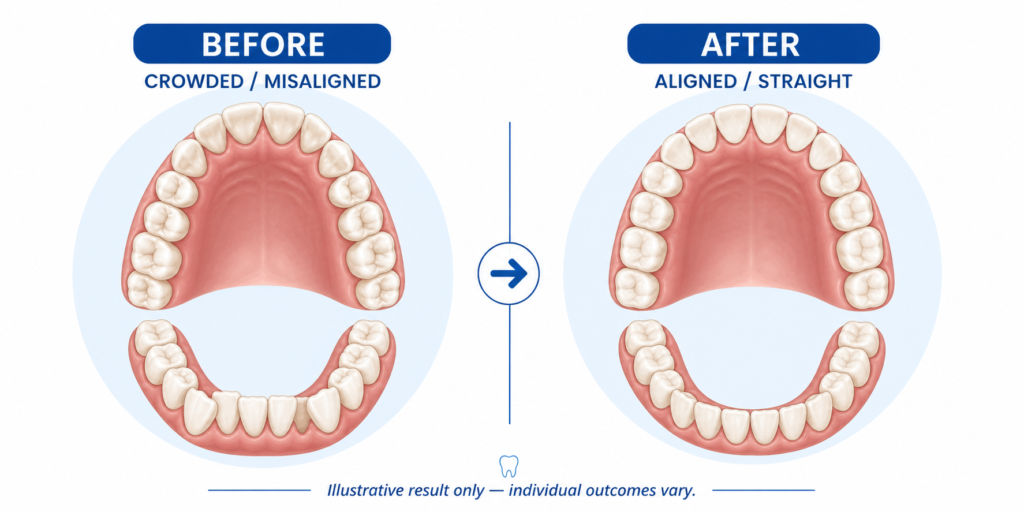 Illustrated before and after comparison of teeth alignment using clear aligners at Dr. Gowds Dental Hospitals Hyderabad