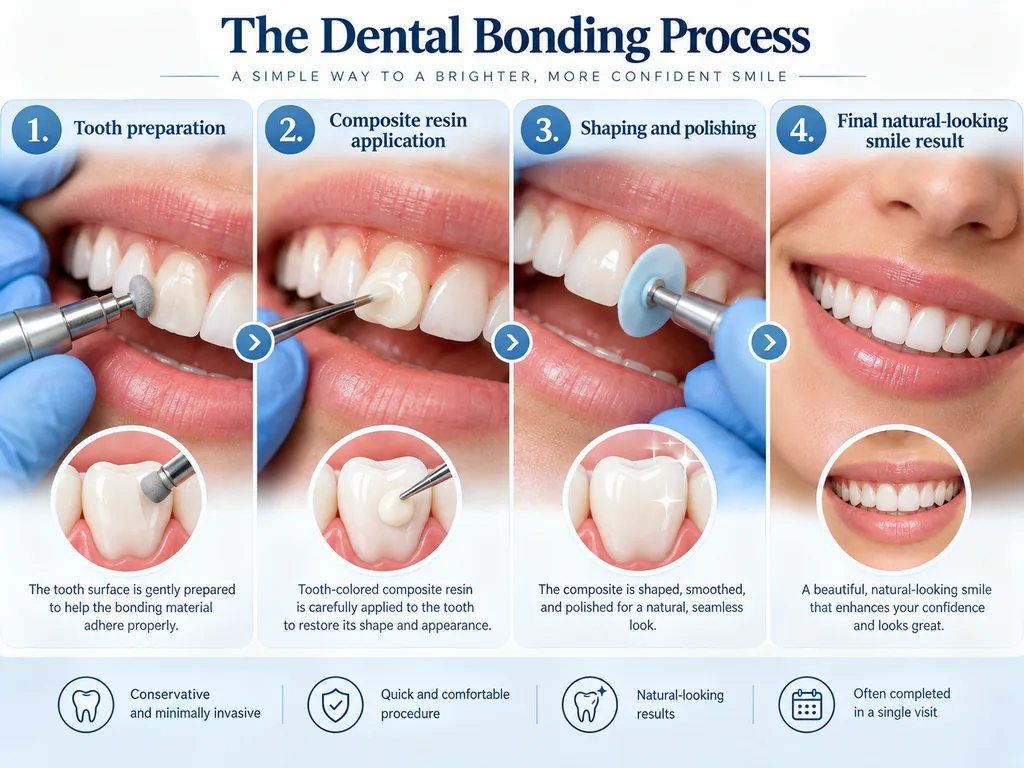  Dental bonding procedure steps showing composite resin application and tooth restoration
